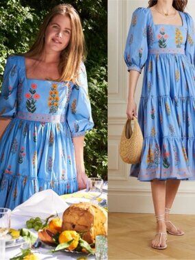 Agua by Agua Bendita Miel Dahlia Cotton Poplin Midi Dress Blue XS